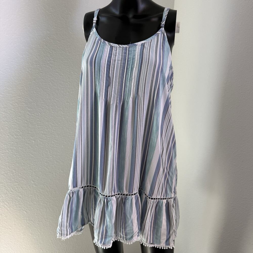 Blue Vertical Stripe Cami Size M Crochet Lace Ruffle Hem Pom Pom